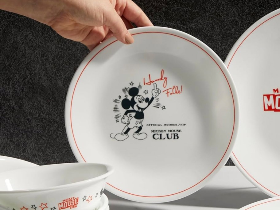 hand holding disney appetizer mickey mouse plate on table