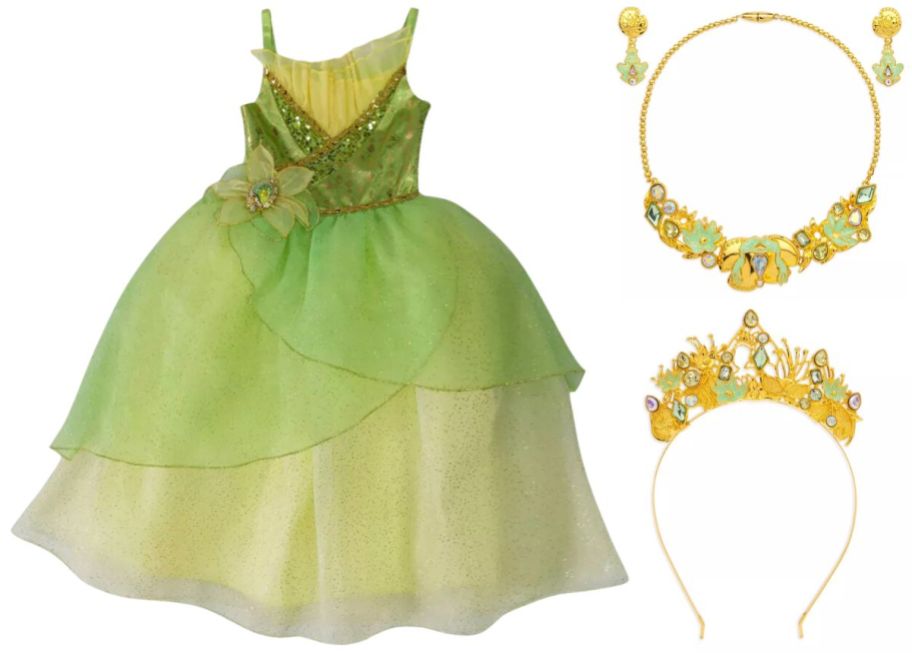 disney princess tiana dress, tiara and necklace set