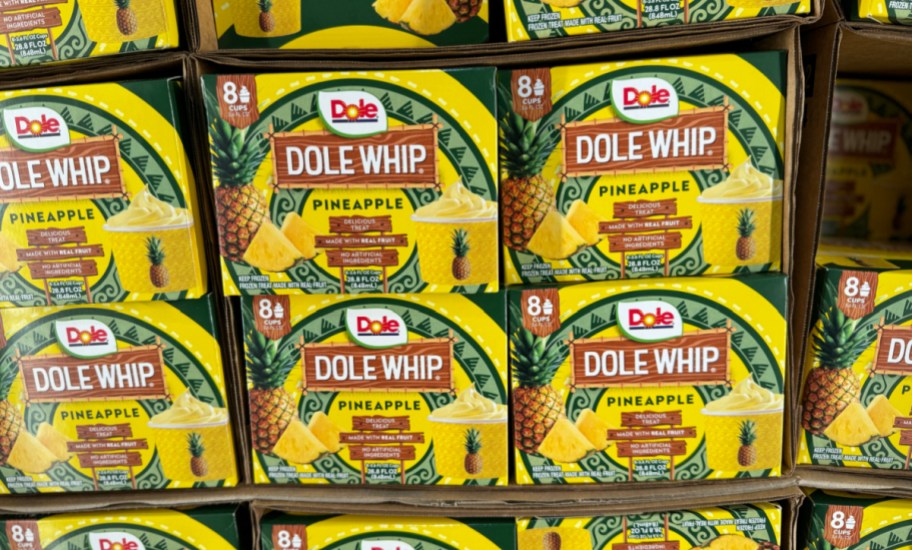 boxes of pineapple dole whip on display in a freezer case - new at costco