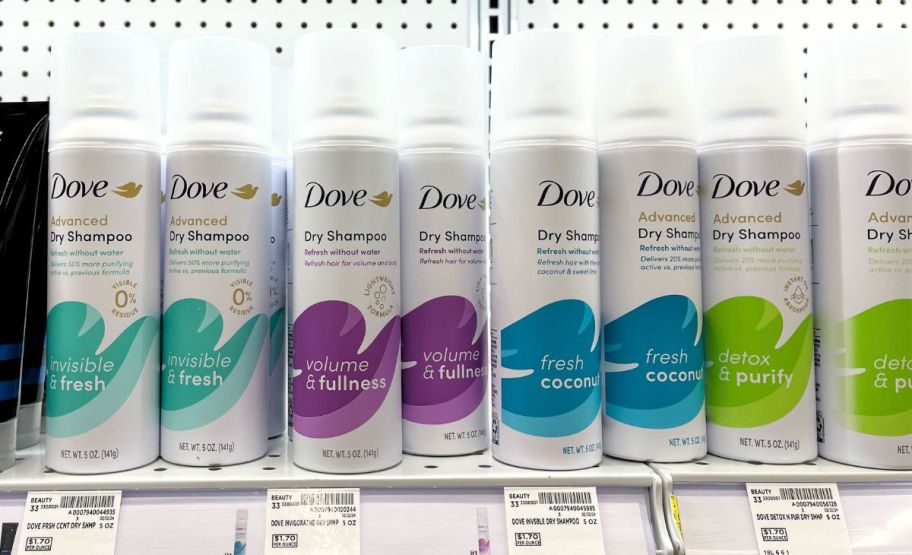 bottles of dove dry shampoo on shelf