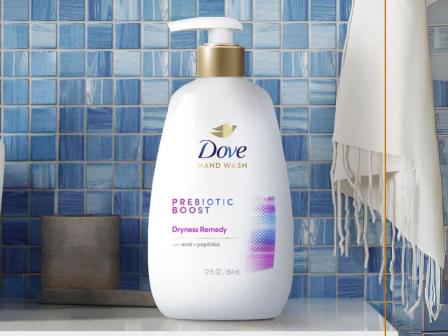 dove hand wash on bathroom counter