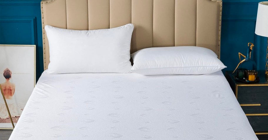 white mattress protector on bed with two pillows