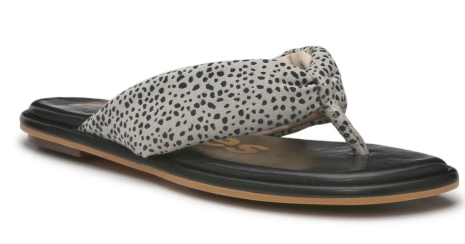 women's sandal with black and tan sole and black and grey spot straps