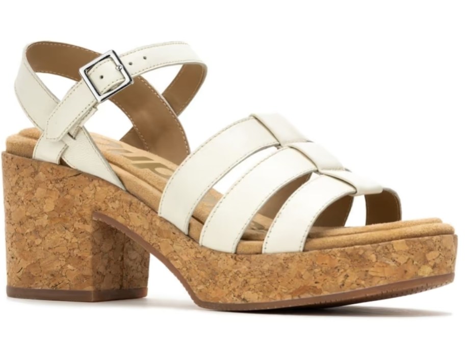 chunky platform sandal with cork bottom and white straps