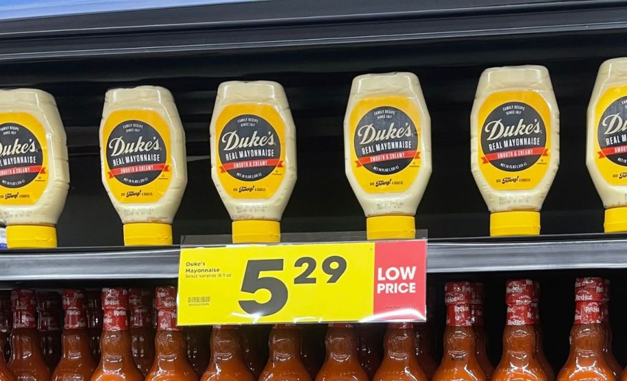 bottles of duke's mayo on shelf at store