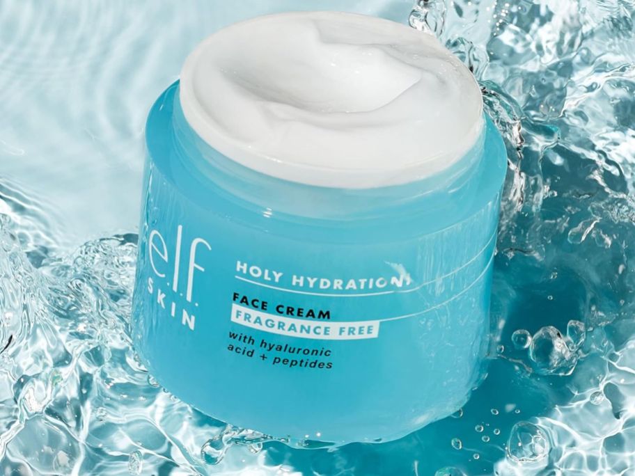 e.l.f. Holy Hydration! Face Cream Cleansing Balm container in water