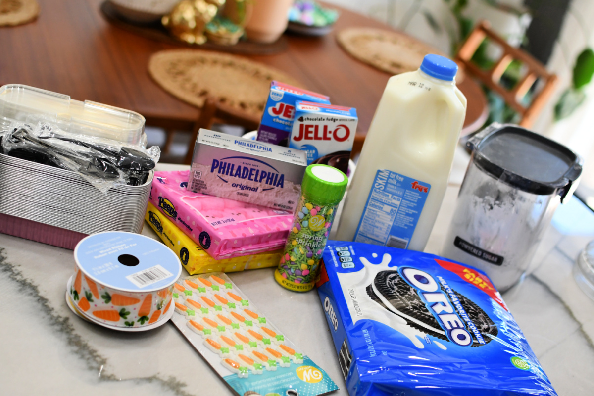 east easter dirt cake ingredients on counter