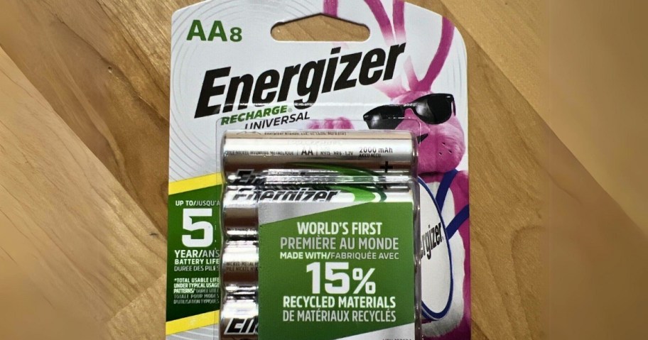 pack of Energizer Rechargeable AA batteries 8 count laying on table