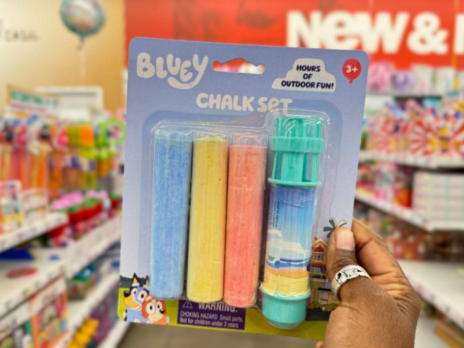 hand holding a Bluey Chalk Set 4-Count 
