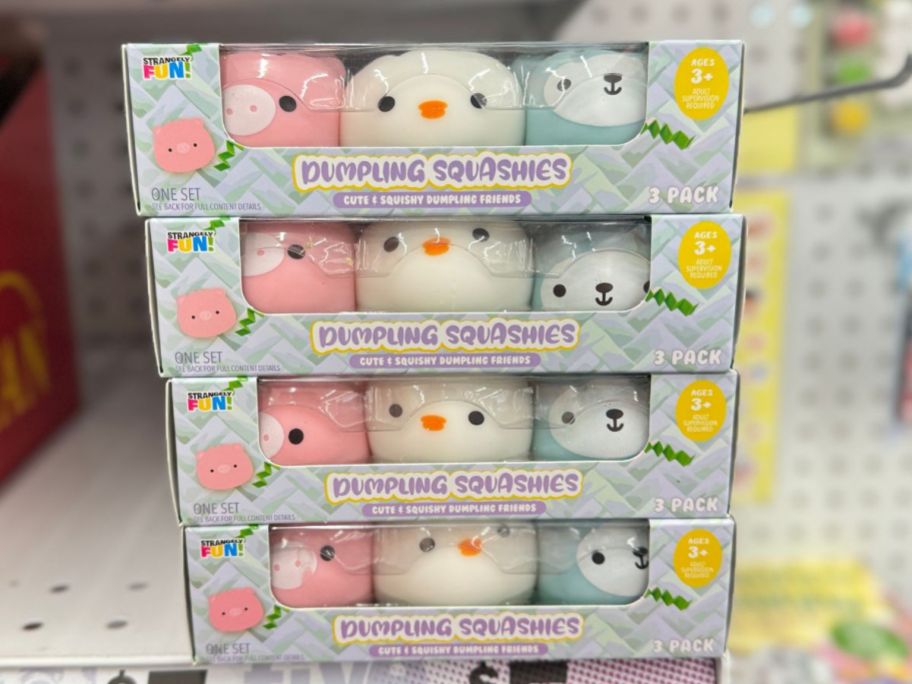 stack of Easter Dumpling Squashies 3-Packs on shelf