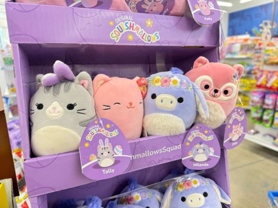 Easter Squishmallows in a display bin