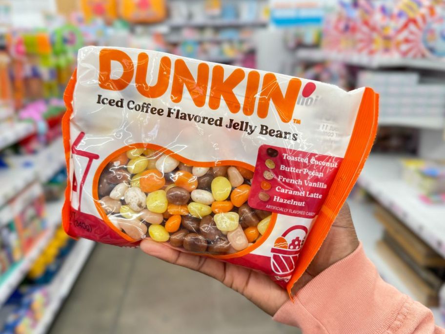 hand holding a bag of Dunkin Iced Coffee Flavored Jelly Beans