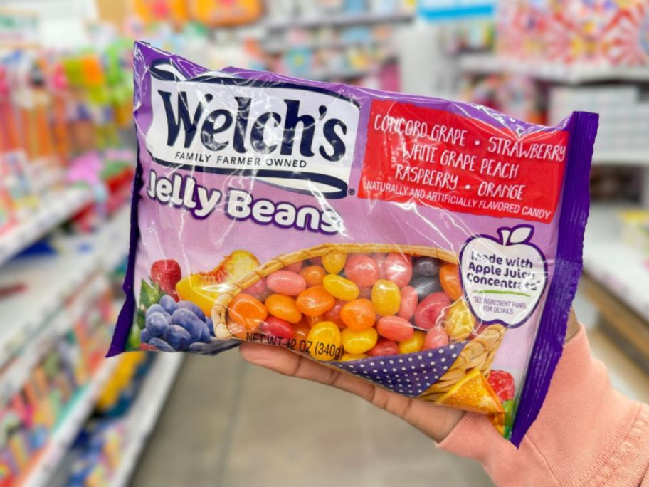 hand holding a bag of Welch's Jelly Beans 