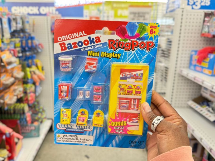 hand holding a Teeny Tinies Candy Mini Display Set with Bazooka Joe Candy