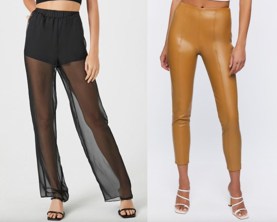 black chiffon and faux leather pants