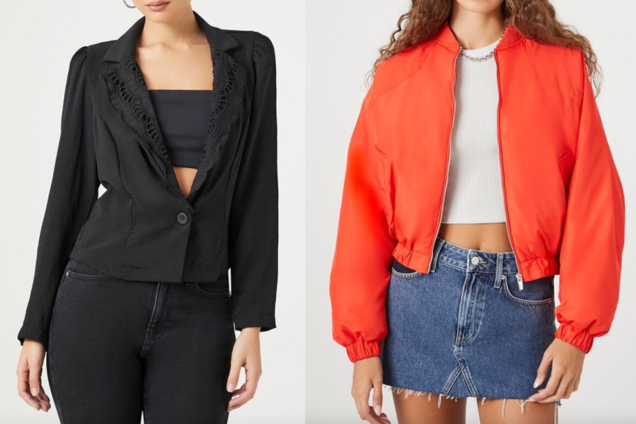 black blazer and red bomber jacket