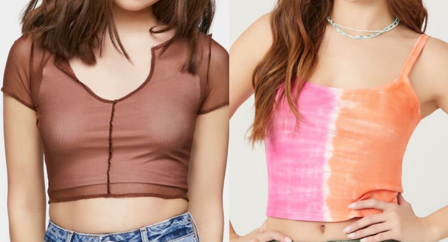 brown mesh and pink tie dye tops