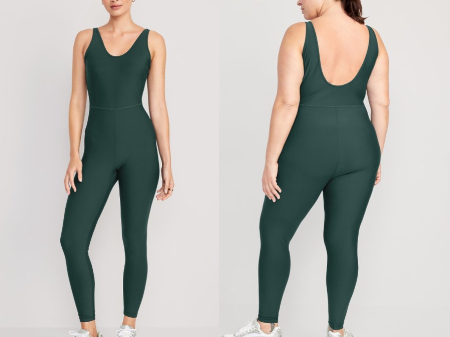 front and back image of women wearing green bodysuit