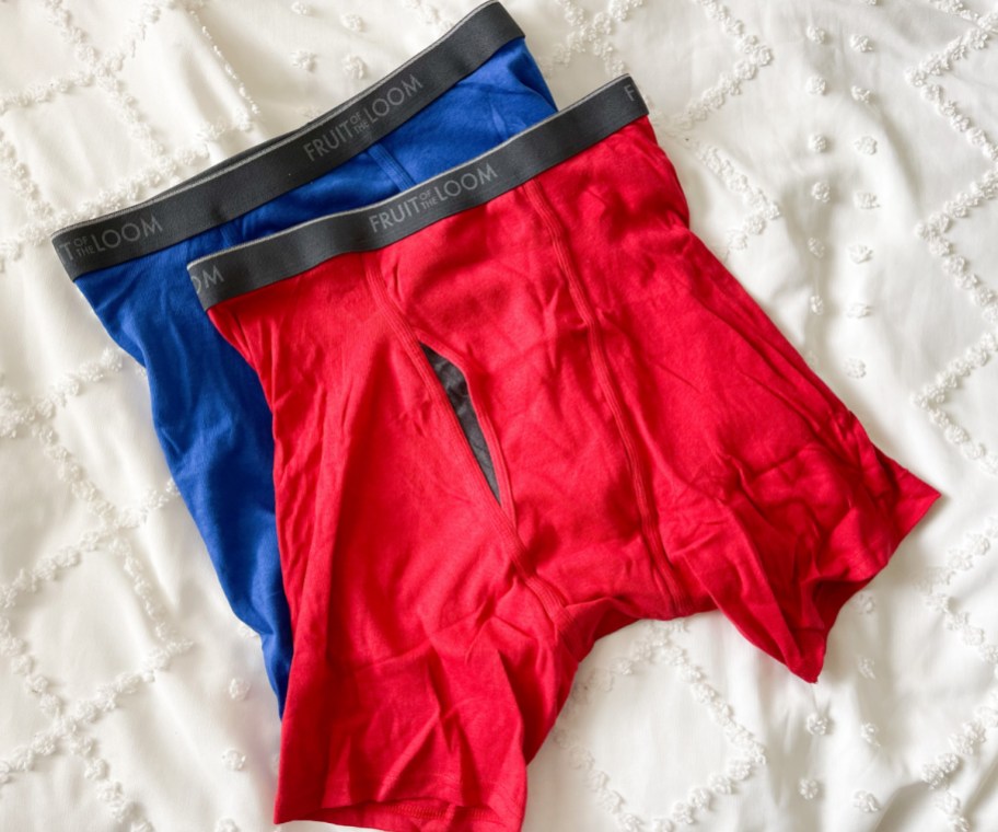 red and blue men's underwear stacked