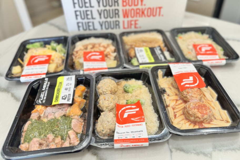 many prepared protein meals next to box
