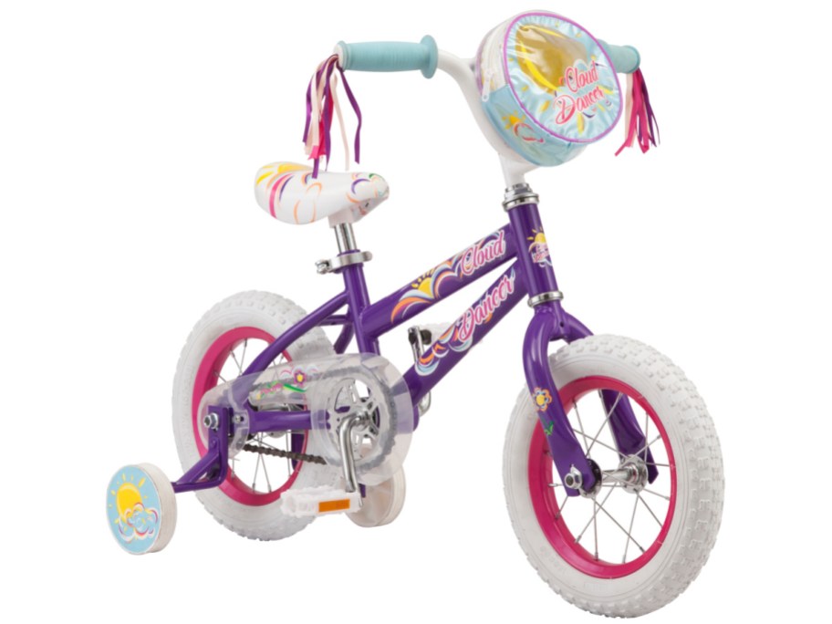 girl bike with training wheels displayed