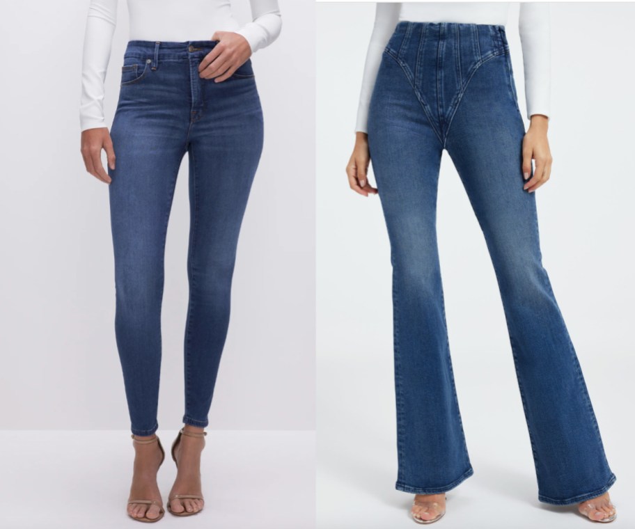 women wearing two dark denim jeans