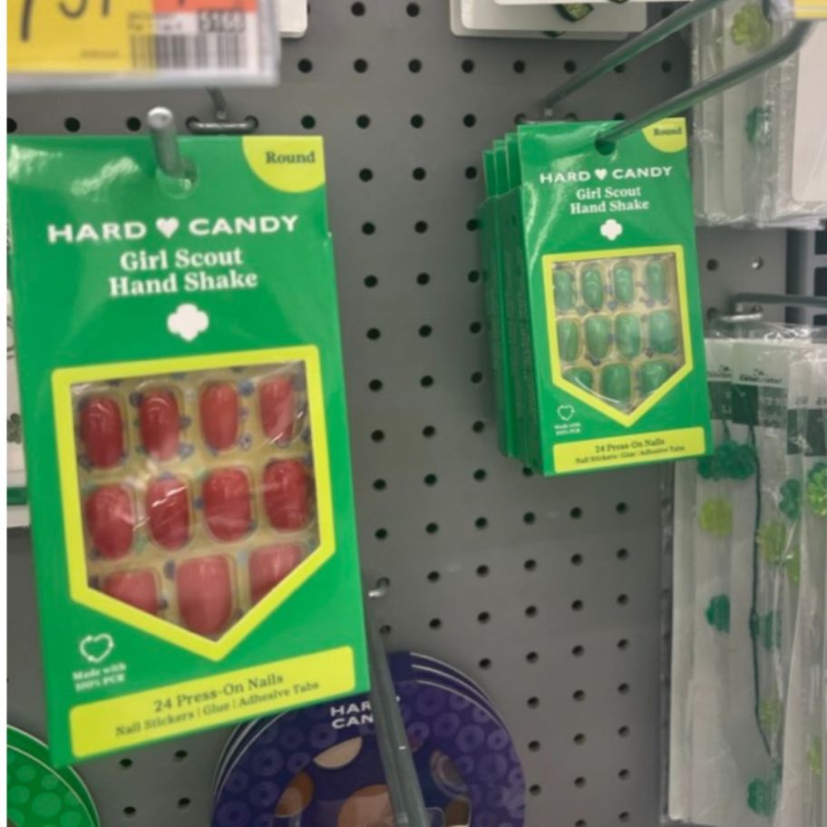 Hard candy girl scout nail kits on pegs in a store