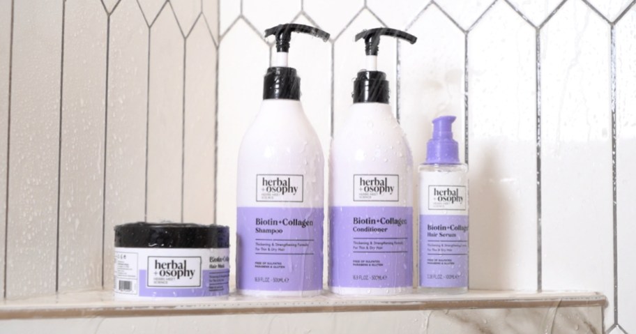 herbalosophy hair products in a shower