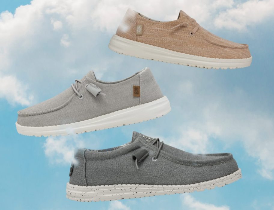 three pairs of heydude shoes in the clouds