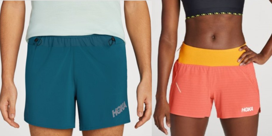 man and women in teal and orange shorts