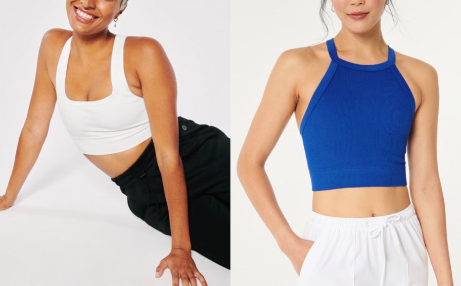 two women wearing white sports bra and blue crop top