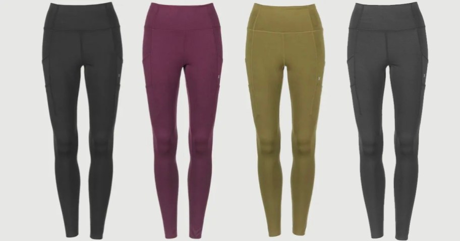 black, maroon, green, and gray Hurley leggings in a row 