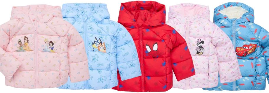 5 kids hooded character puffer jackets stock images