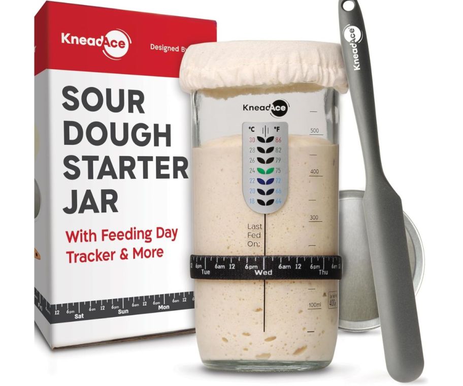 kneadace sourdough starter jar kit with accessories on a white background