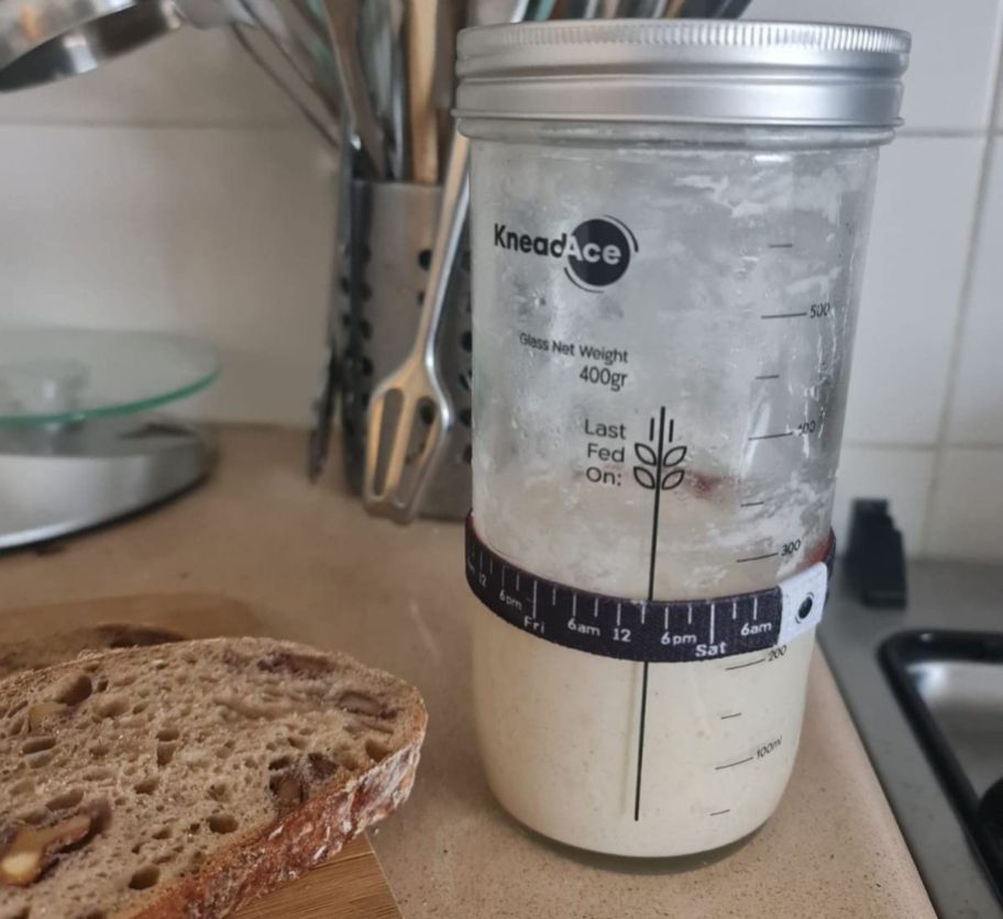 kneadace starter jar and bread slice on a kitchen counter