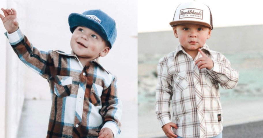two toddler boys wearing trucker hats