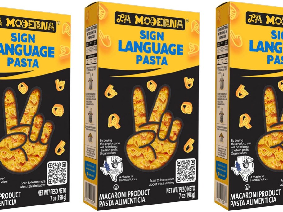 three boxes of la moderna sign language pasta