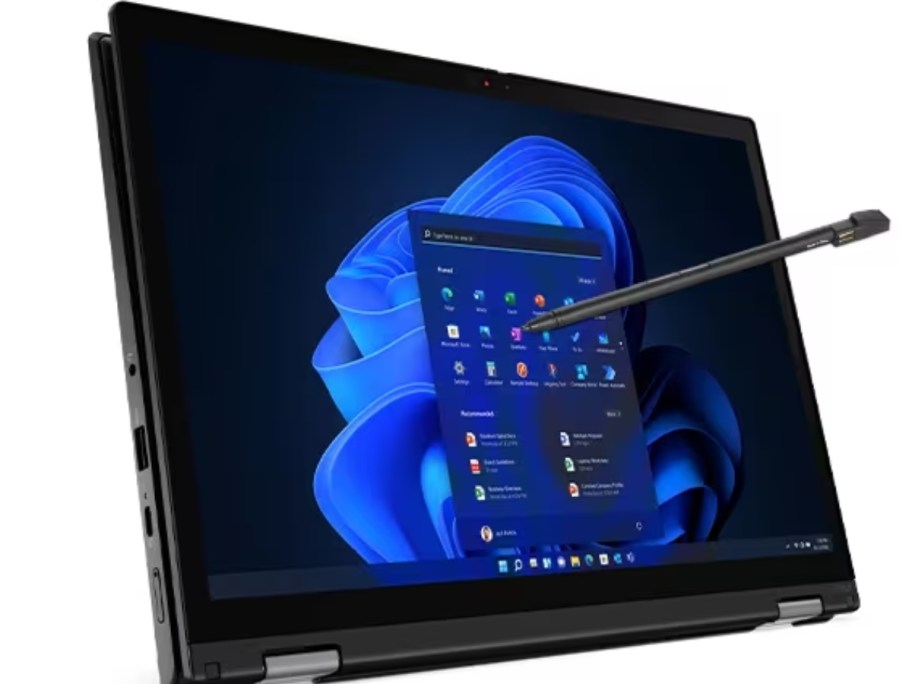 black 2-in-1 laptop folded as a table with a stylus pen