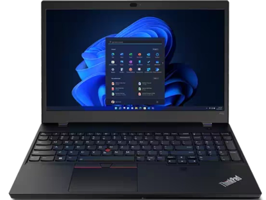 black Lenovo laptop open showing start screen