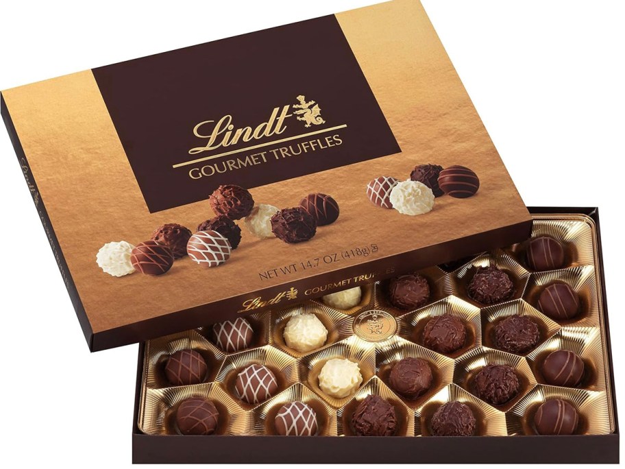 lindt gourmet chocolates giftbox with lid off
