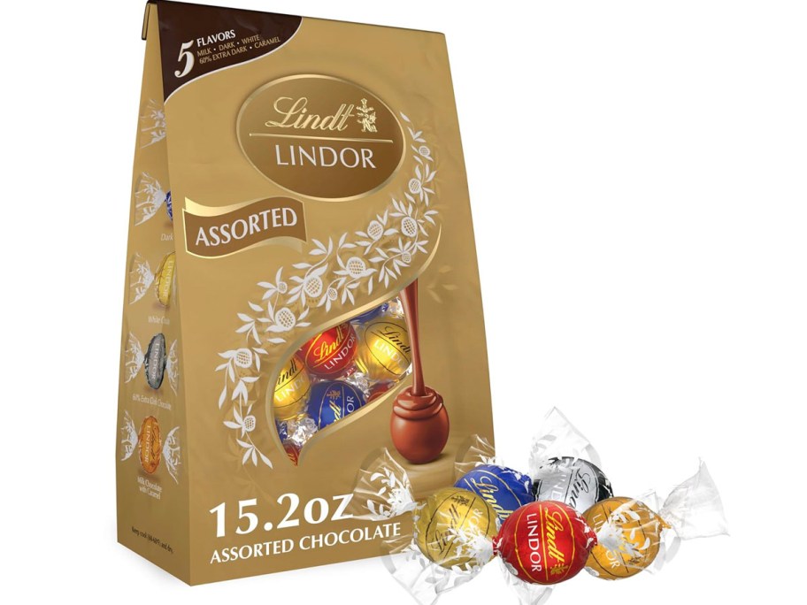 lindt assorted chocolate bag with chocolates in front of it 