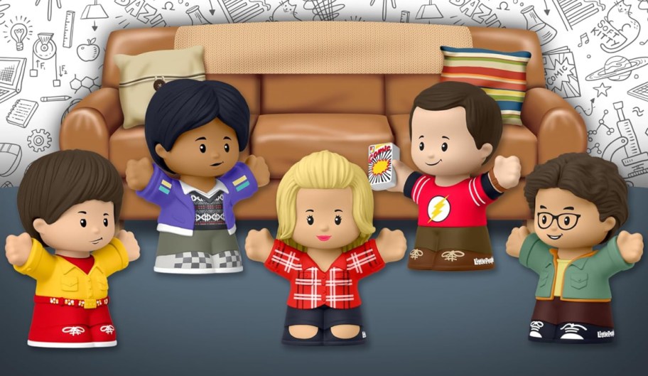 little people big bang theory with couch behind them as part of the back of the box