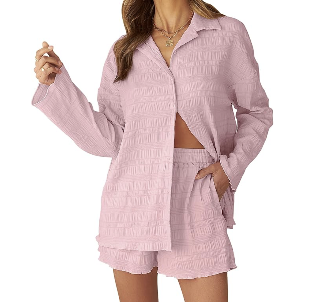 woman wearing lounge set in pink 