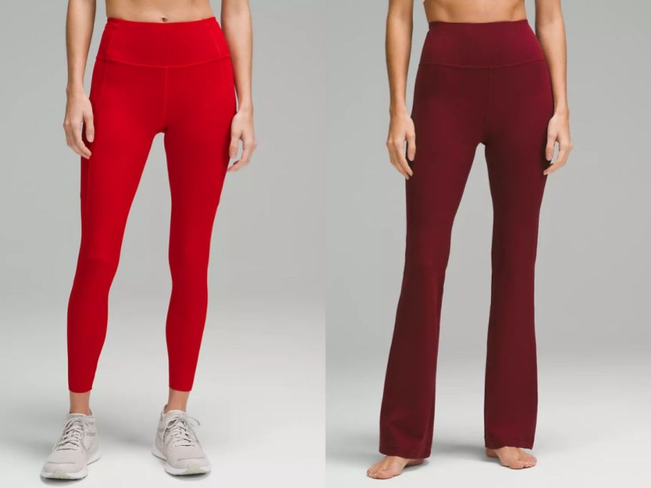 woman wearing red leggings and woman wearing burgundy flare leggings