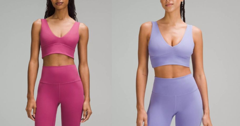 woman wearing pink v-neck bra and woman wearing purple v-neck bra