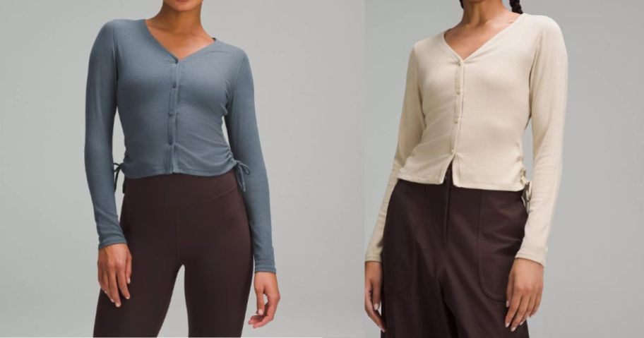 woman wearing blue cardigan and woman wearing beige cardigan