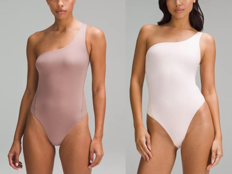 woman wearing rose and woman wearing white Asymmetrical Bodysuits