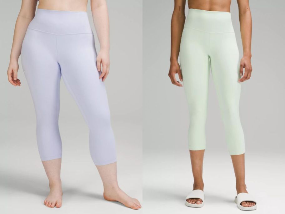 women wearing powder blue and mint green leggings