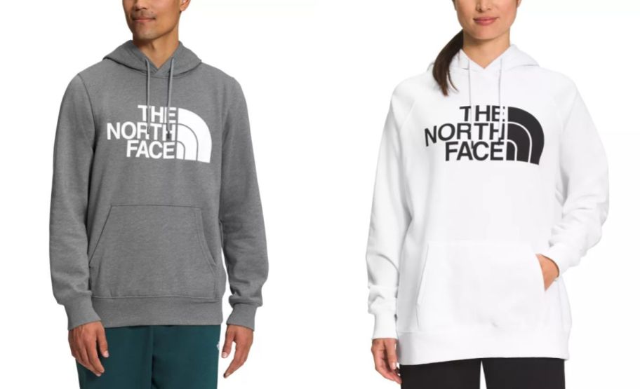 man and woman modeling the north face hoodies