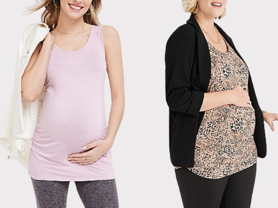 pregnant women wearing different color maternity tops and jackets